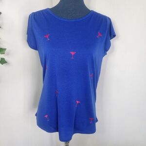Vintage Rose Blue Top with Embroidered Martini Glass Design